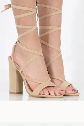 Beige Suede Lace Up Block Heels - Ruby