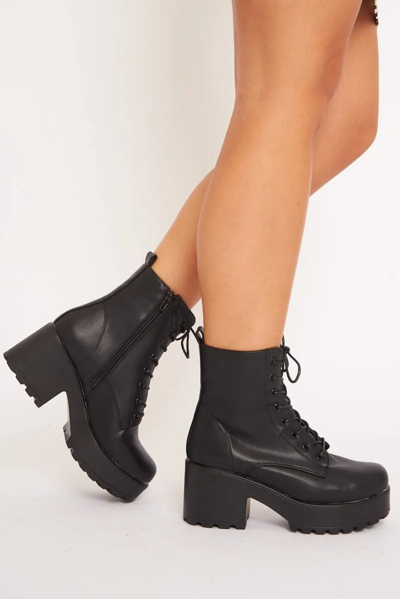 Black Faux Leather Lace Up Heeled Boots - Haddley