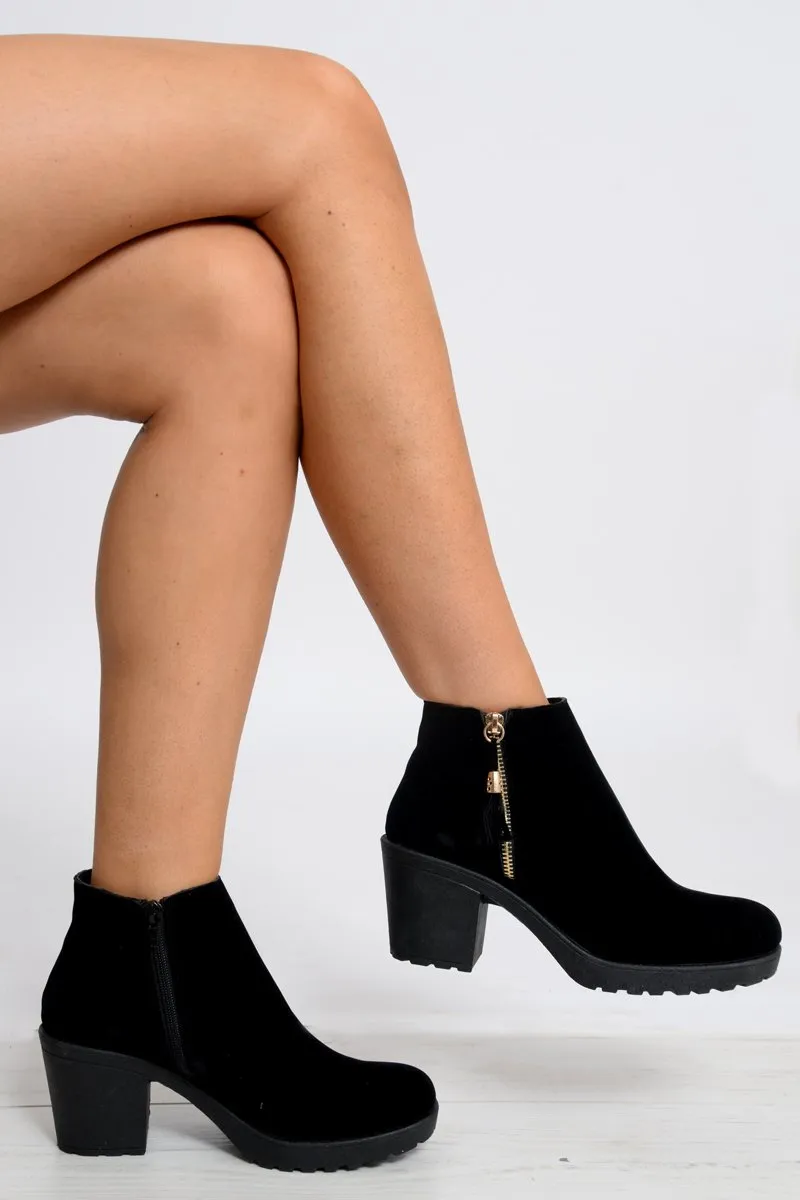 Black Faux Suede Gold Detail Zip Heeled Boot- Amare