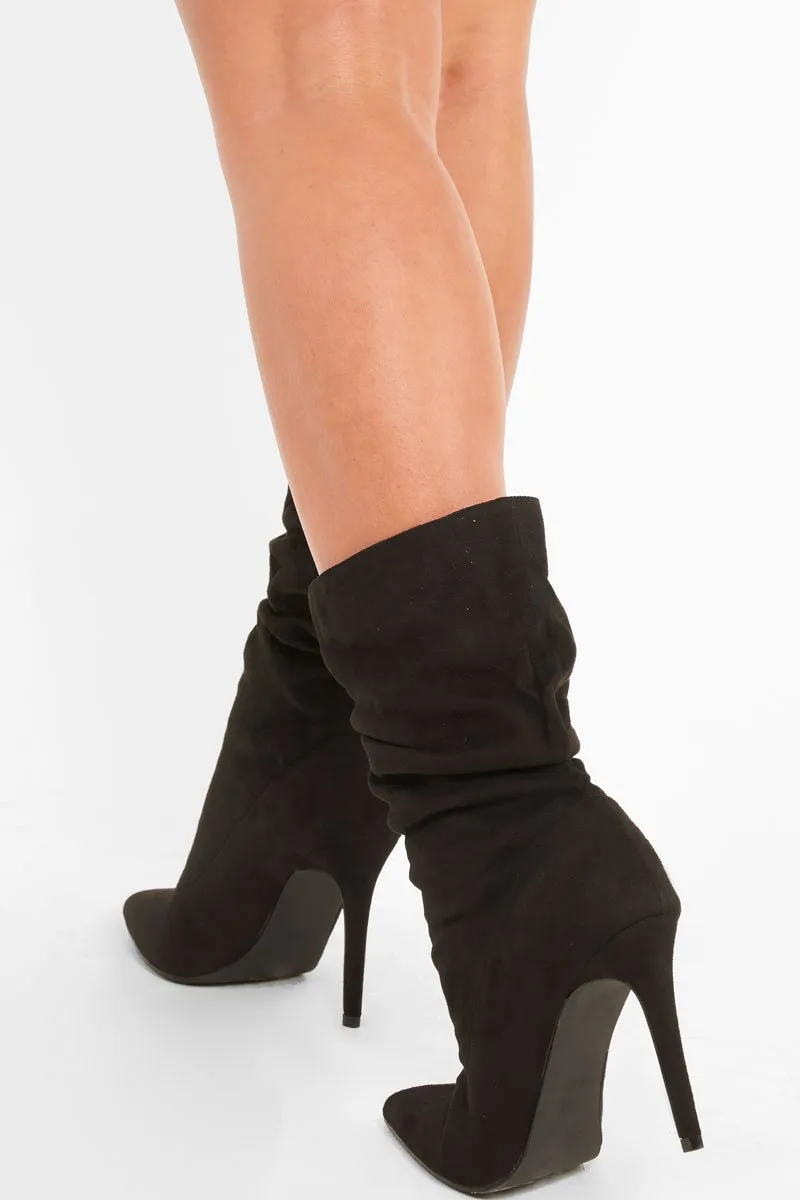 Black Faux Suede Slouchy Heeled Ankle Boots - Leightyn