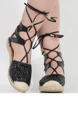 Black Glitter Lace Up Espadrilles - Sahara