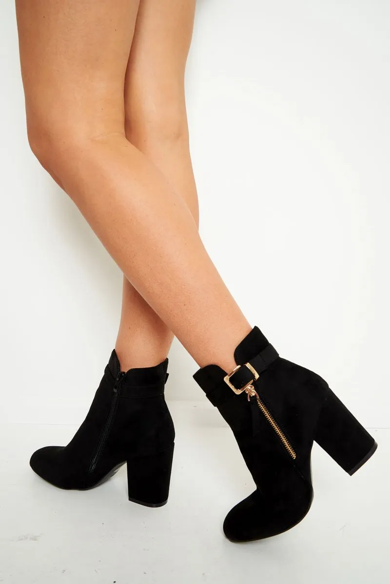 Black Heeled Ankle Boots With Gold Detail - Aamiya