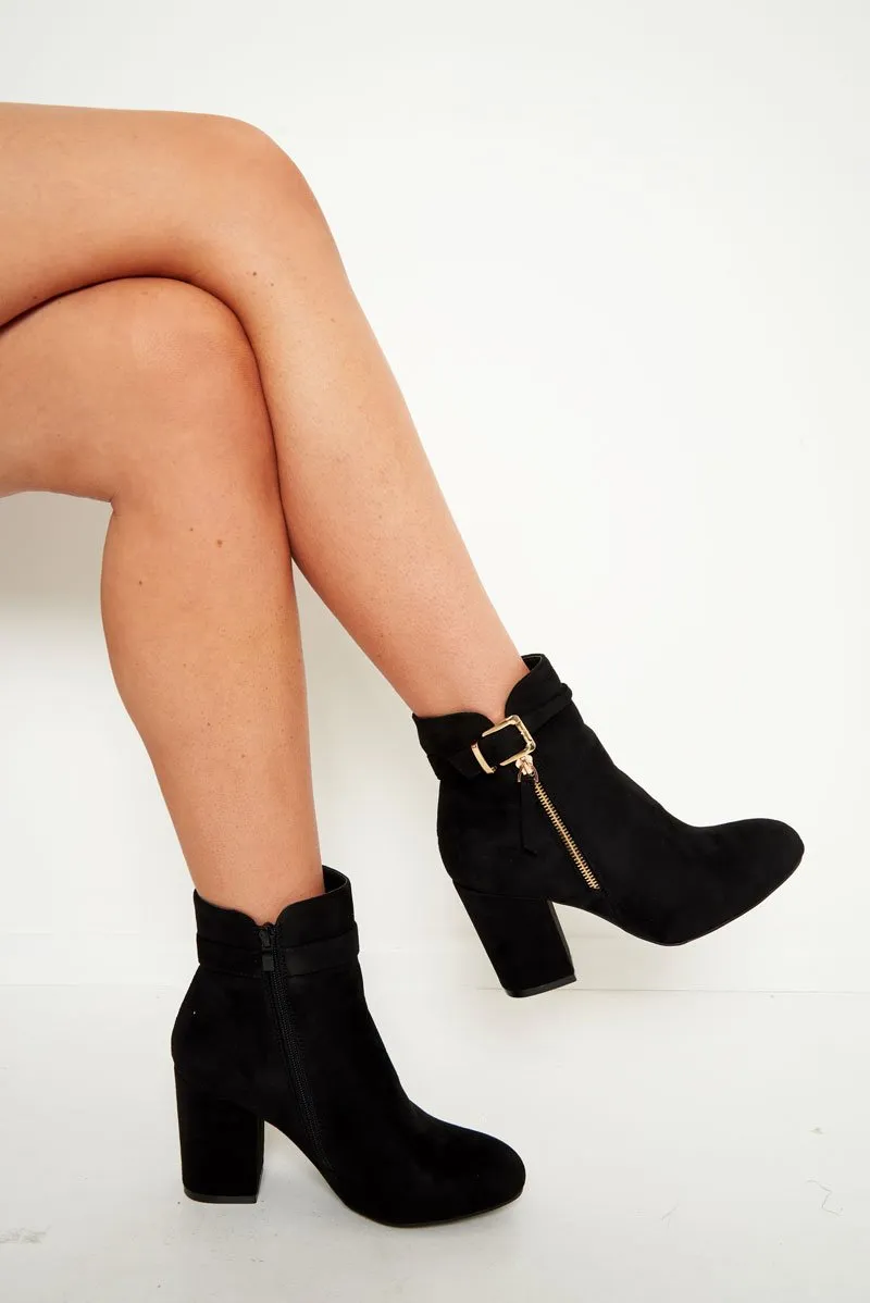 Black Heeled Ankle Boots With Gold Detail - Aamiya