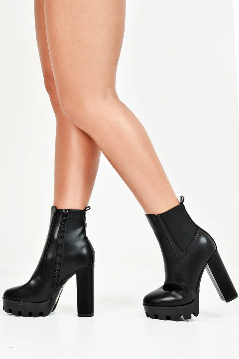 Black PU Cleated Sole Platform Heeled Boots - Therese