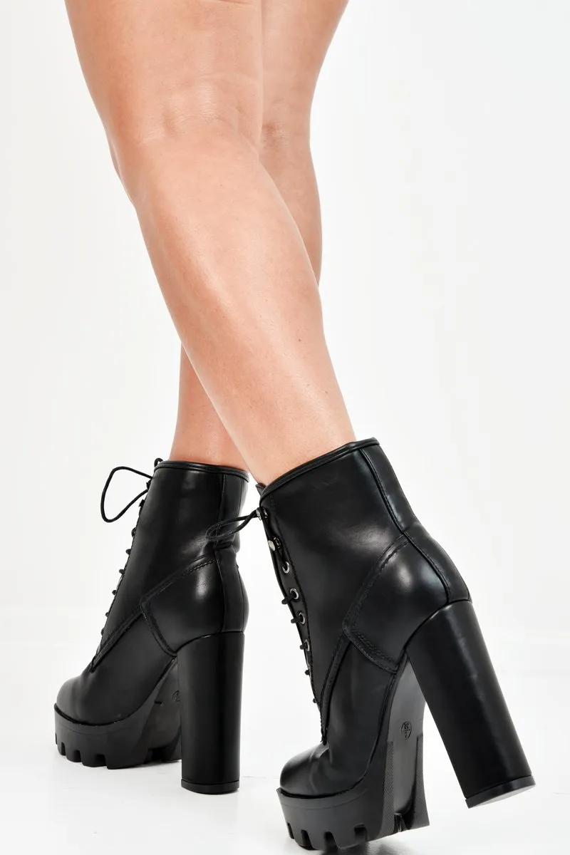 Black PU Platform Lace Up Heeled Boots - Ziani