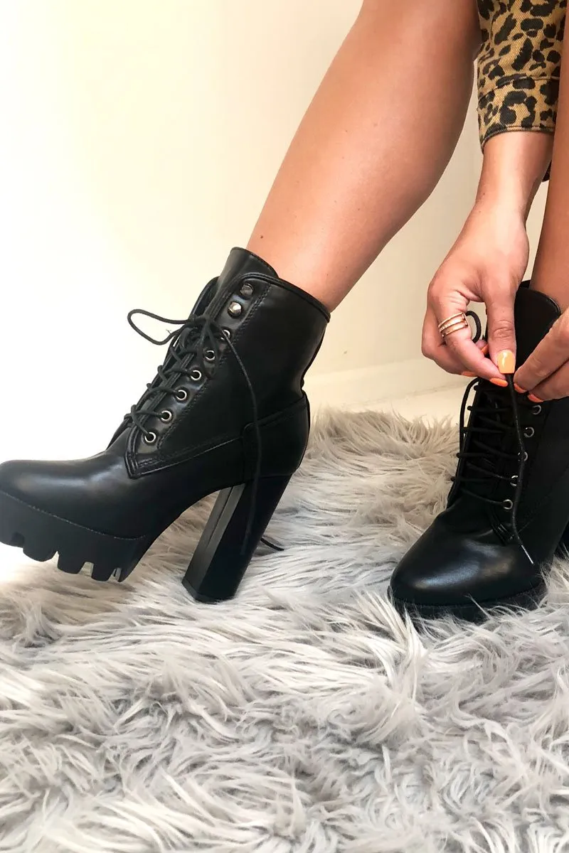 Black PU Platform Lace Up Heeled Boots - Ziani