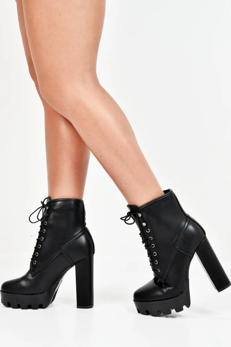 Black PU Platform Lace Up Heeled Boots - Ziani