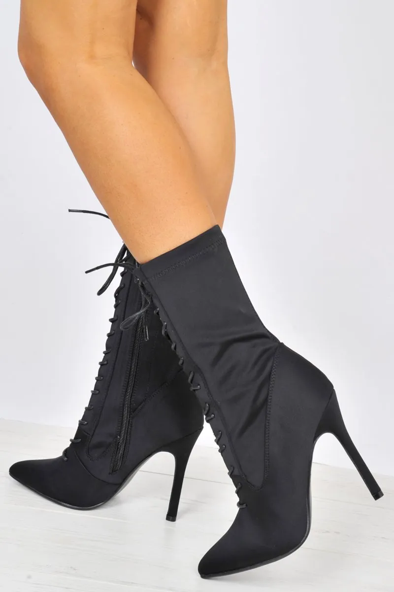 Black Stretchy Lace Up Heeled Ankle Boots - Aayla