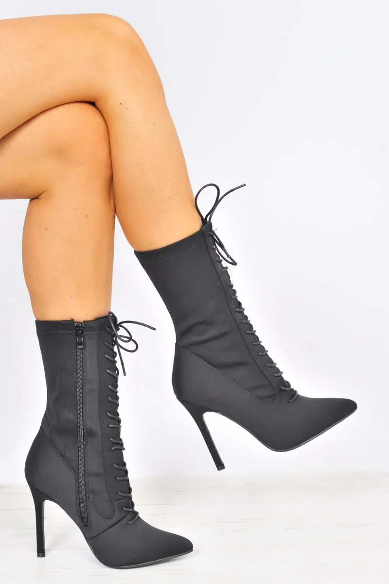 Black Stretchy Lace Up Heeled Ankle Boots - Aayla