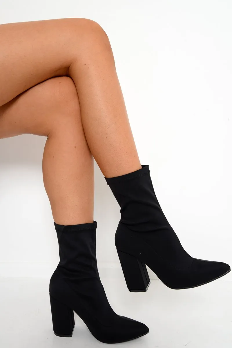 Black Stretchy Pointed Toe Block Heeled Boots - Meah