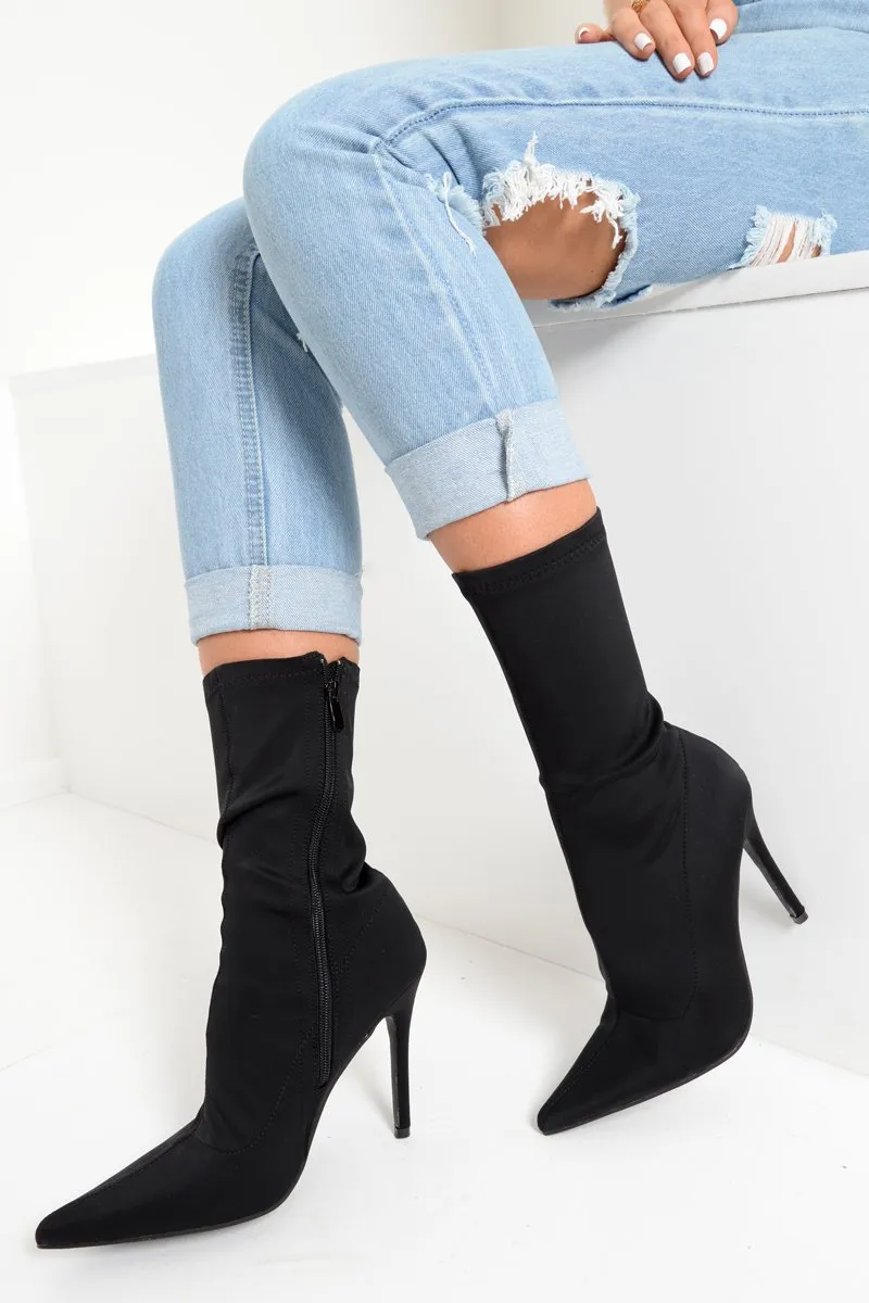 Black Stretchy Pointed Toe Heeled Boots - Melah