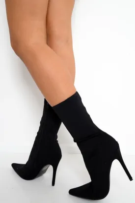 Black Stretchy Pointed Toe Heeled Boots - Melah