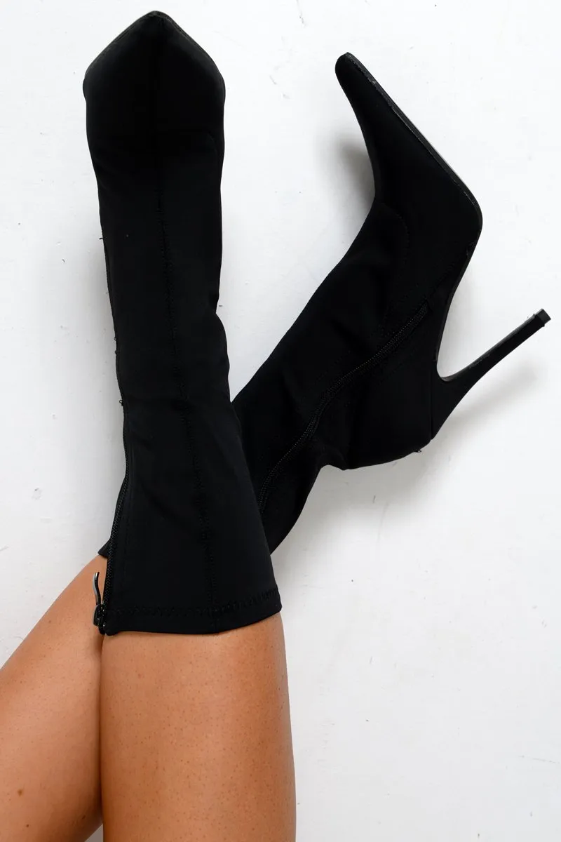 Black Stretchy Pointed Toe Heeled Boots - Melah