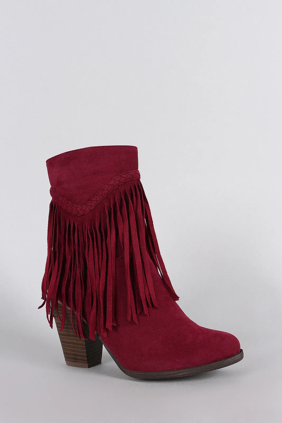 Breckelle Suede Braided Fringe Heeled Ankle Boots