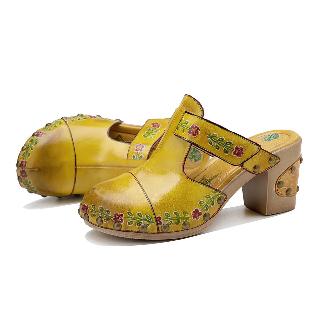 CrazycatZ Leather Block Heel Clog Sandals,Women Leather Bohemian Colorful Clog Yellow