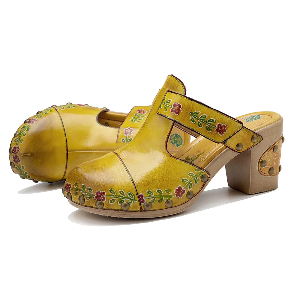 CrazycatZ Leather Block Heel Clog Sandals,Women Leather Bohemian Colorful Clog Yellow