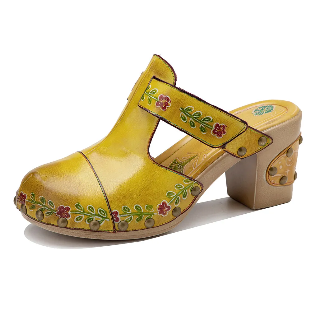 CrazycatZ Leather Block Heel Clog Sandals,Women Leather Bohemian Colorful Clog Yellow