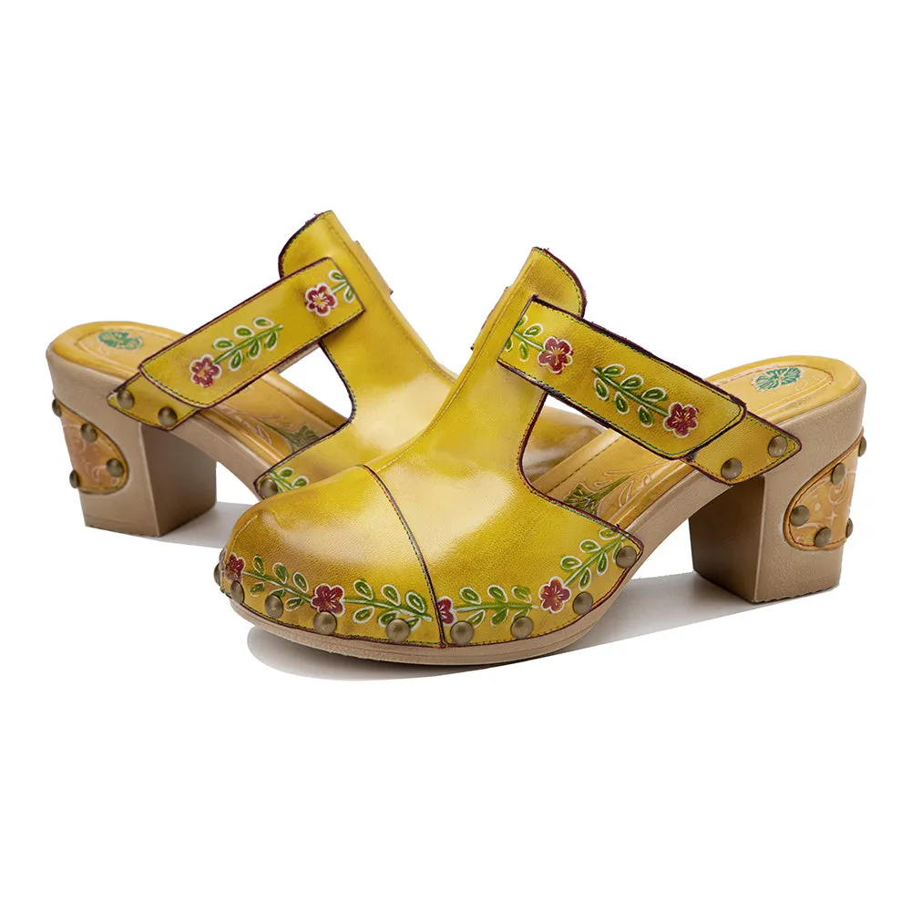 CrazycatZ Leather Block Heel Clog Sandals,Women Leather Bohemian Colorful Clog Yellow