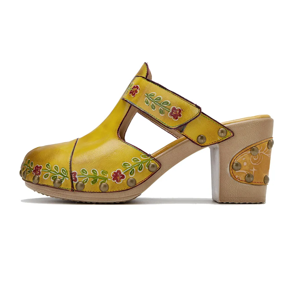 CrazycatZ Leather Block Heel Clog Sandals,Women Leather Bohemian Colorful Clog Yellow