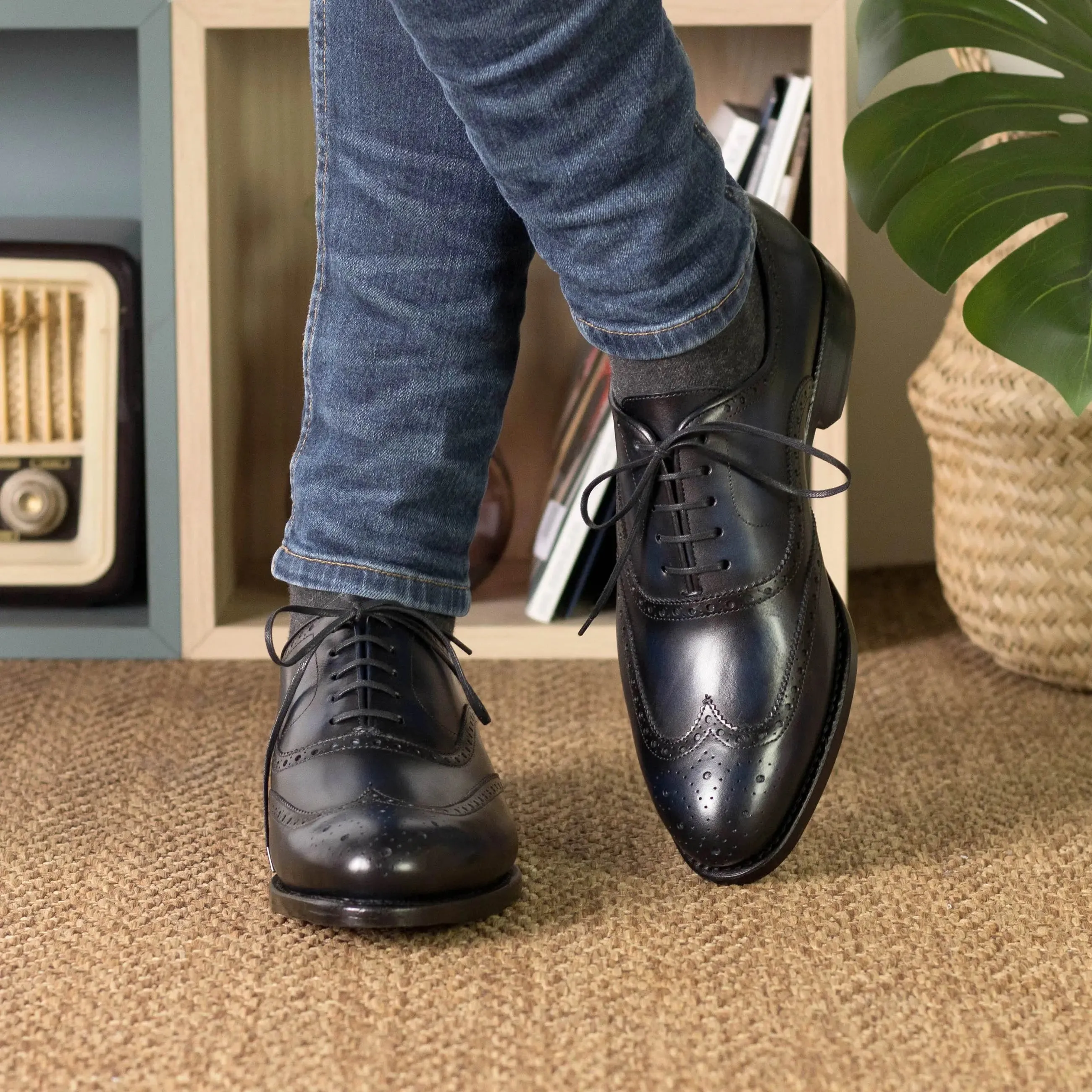 DapperFam Aeron in Navy Men's Italian Leather Full Brogue