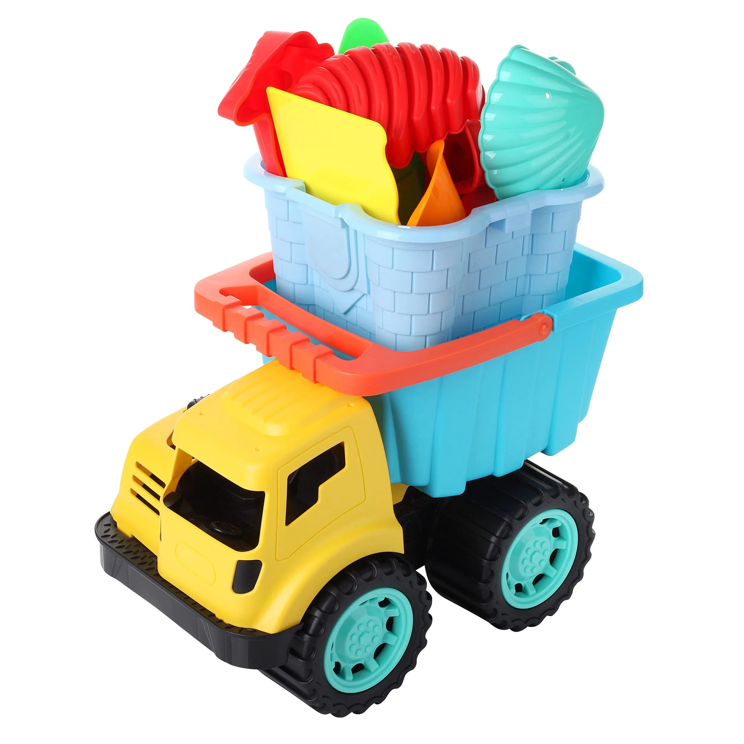 Dazmers Beach Sand Toys Set with Dump Truck, Castle Bucket, Shovel, Dinosaur and Brick