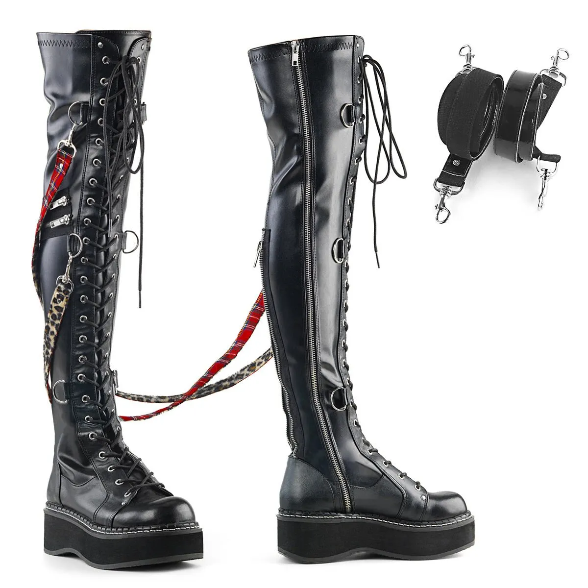 Demonia EMILY-377 | Black Stretch Vegan Leather Above Knee Boots