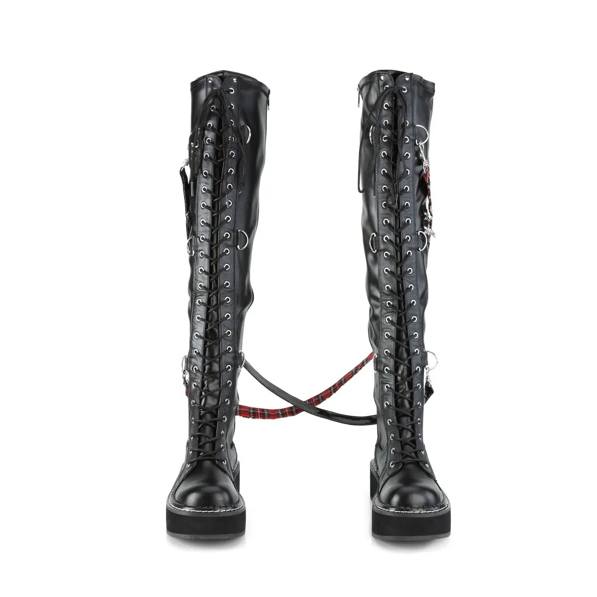 Demonia EMILY-377 | Black Stretch Vegan Leather Above Knee Boots