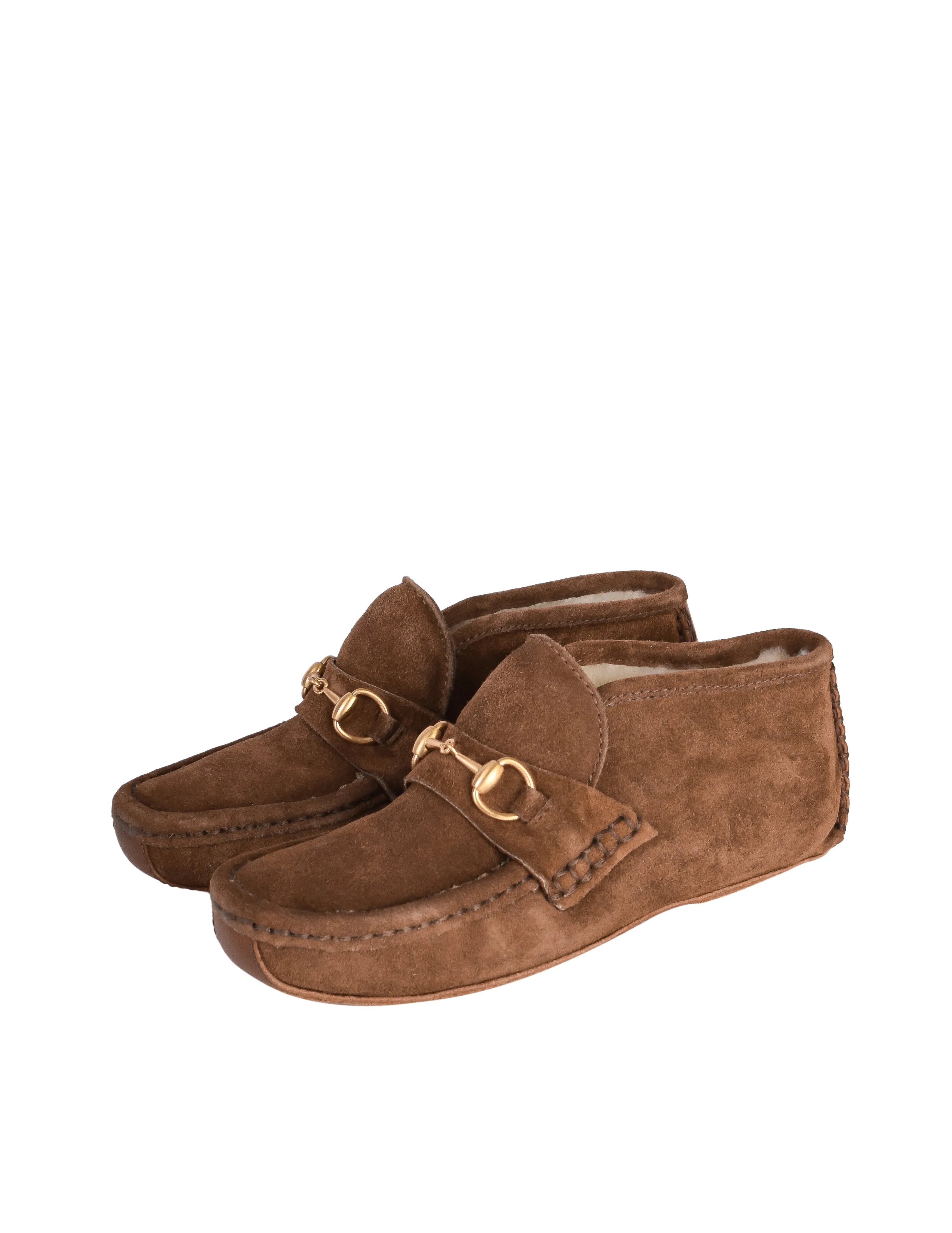 Gucci Vintage Children's Brown Suede Shearling Lined Horsebit Moccasins