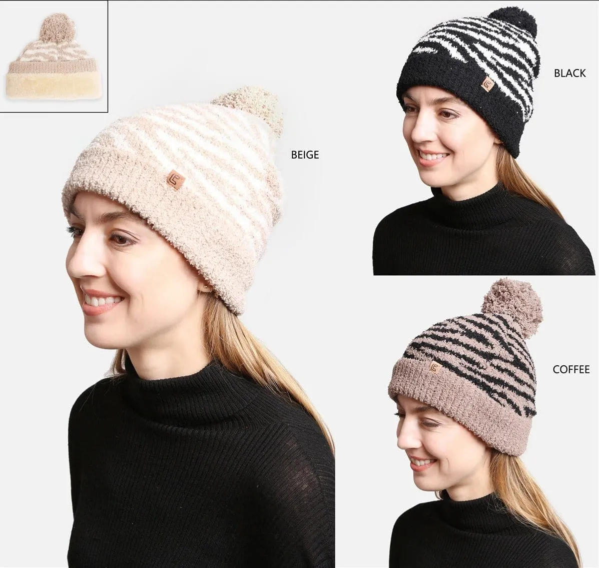 JH307 Super Lux Lined Pom-Pom Zebra Beanie