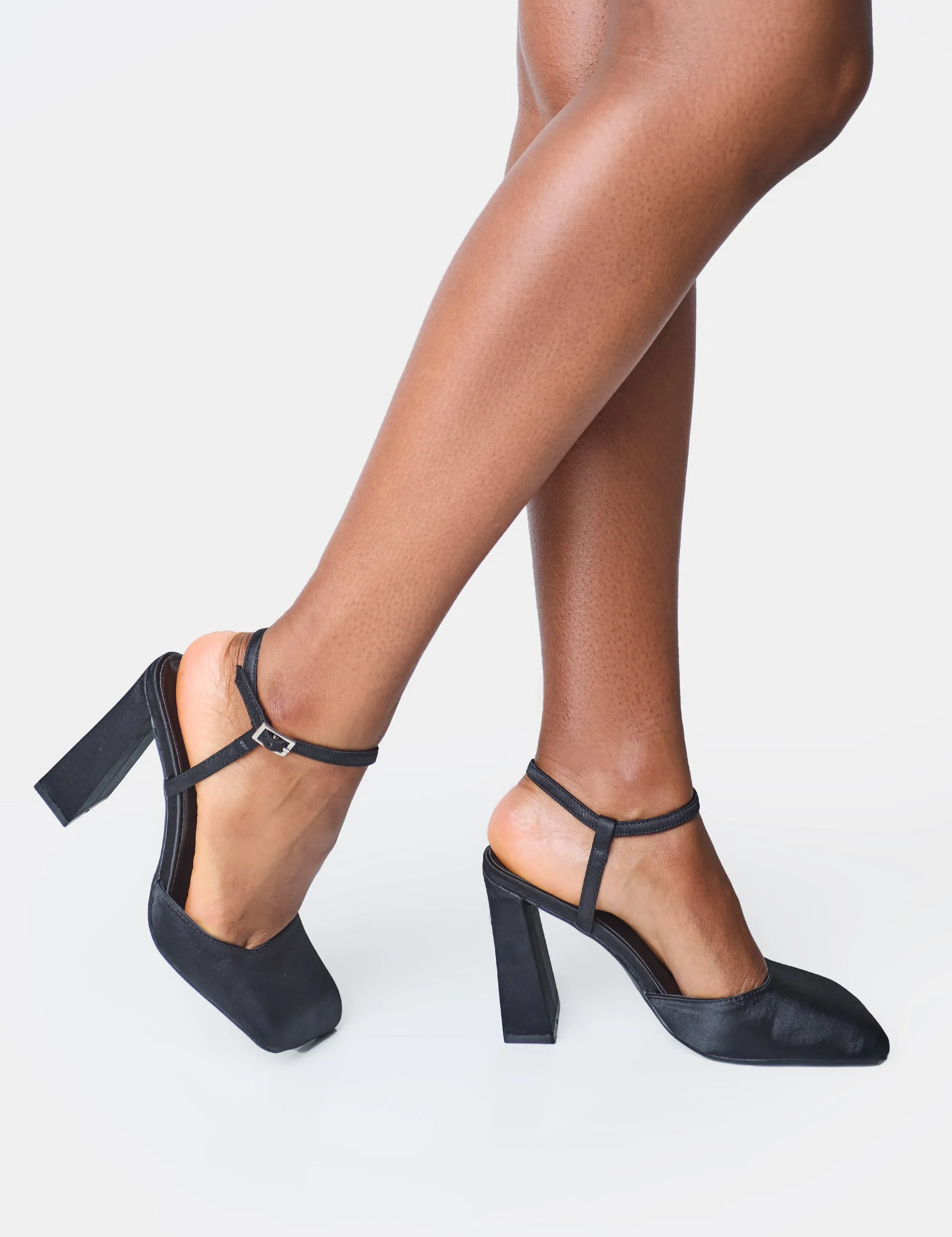 Leighton Black Satin Slant Toe Block Heels