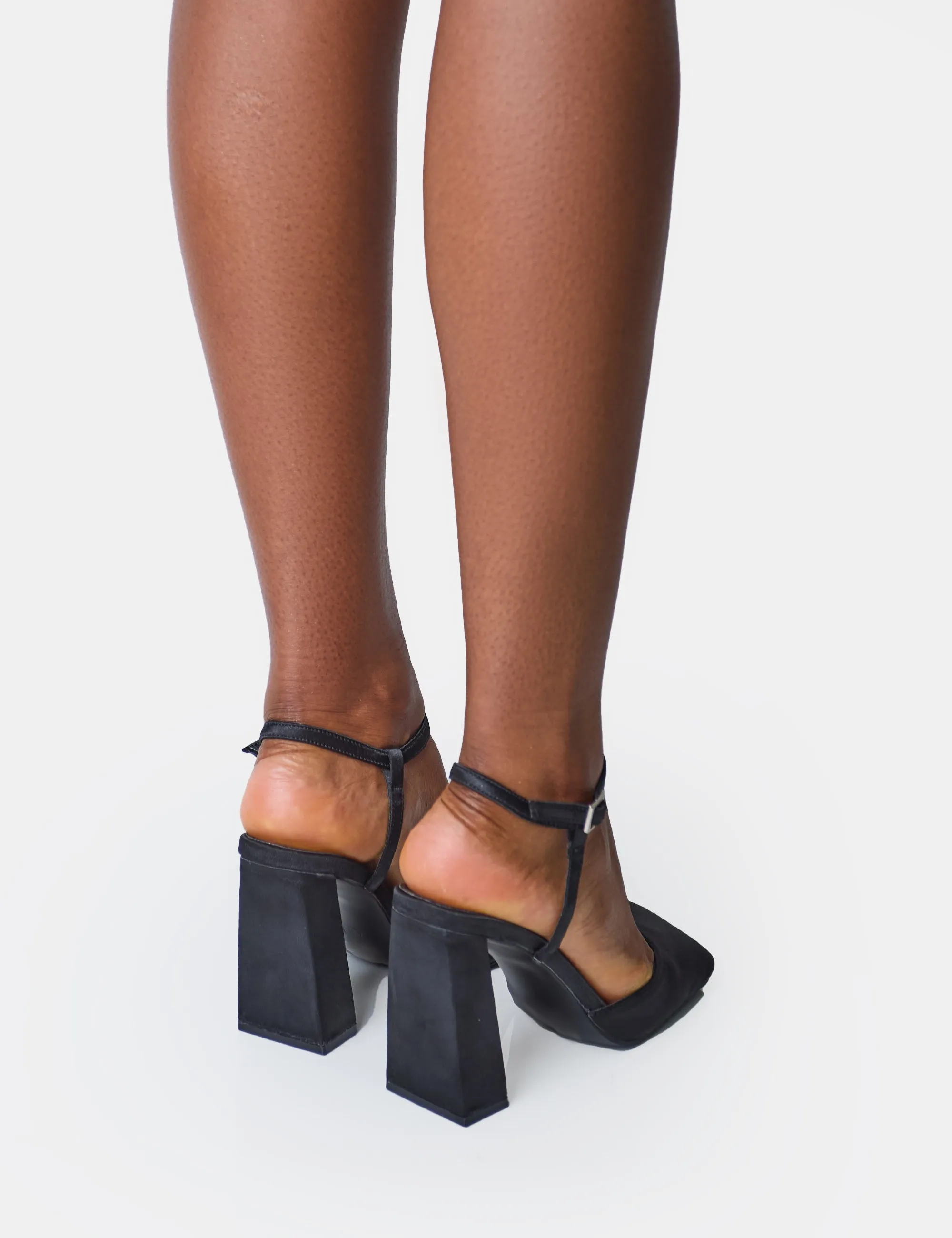 Leighton Black Satin Slant Toe Block Heels