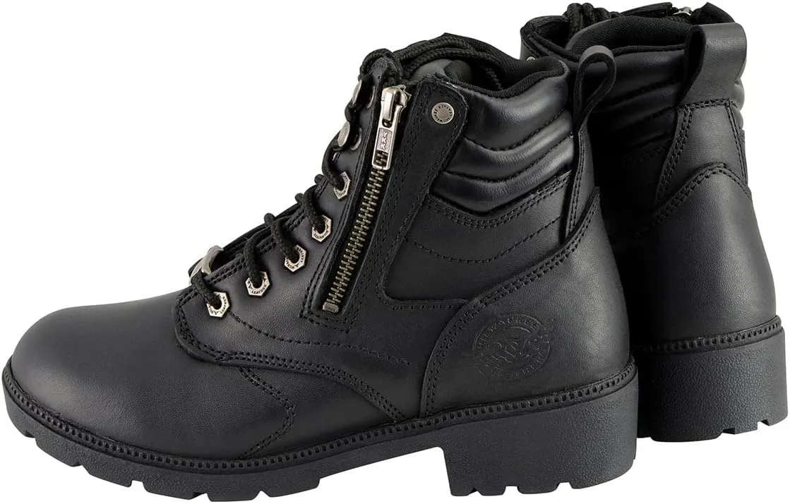 Milwaukee Leather MBL9320W Women's Black Premium Leather 'Wide-Width' Lace-Up Motorcycle Rider Boots