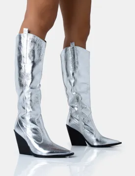 Nevada Silver Metallic Wide Fit Western Block Heel Knee High Boots