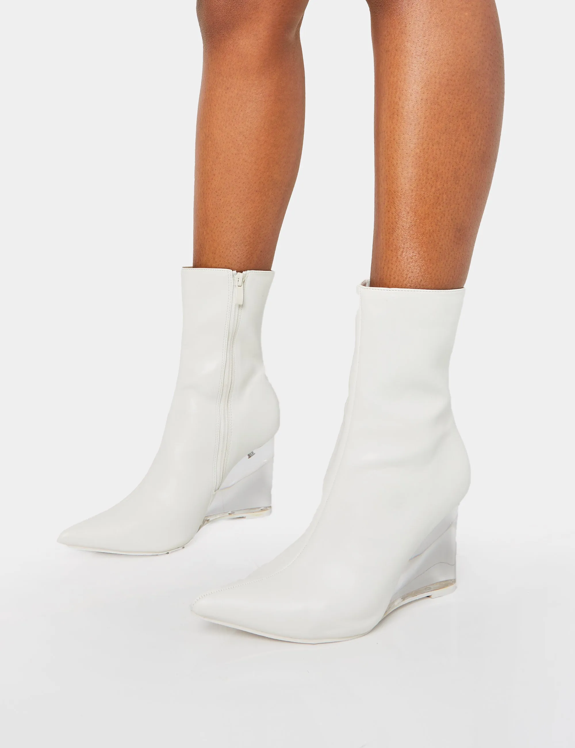 Ohio White Pu Perspex Wedge Pointed Toe Ankle Boots