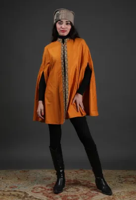 Parehaa Mustard Cashmilon Front-Open Overlay Cape With Ajrakh Detailing