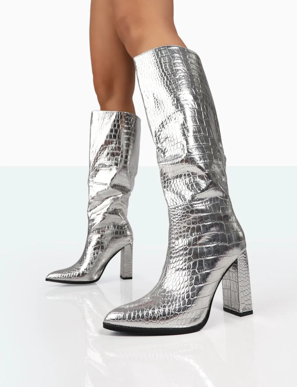 Posie Silver Croc Pu Knee High Block Heel Boots