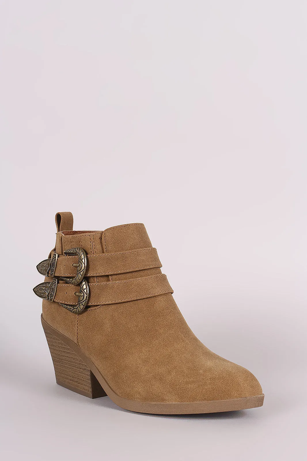 Qupid Nubuck Buckled Chunky Heeled Ankle Boots