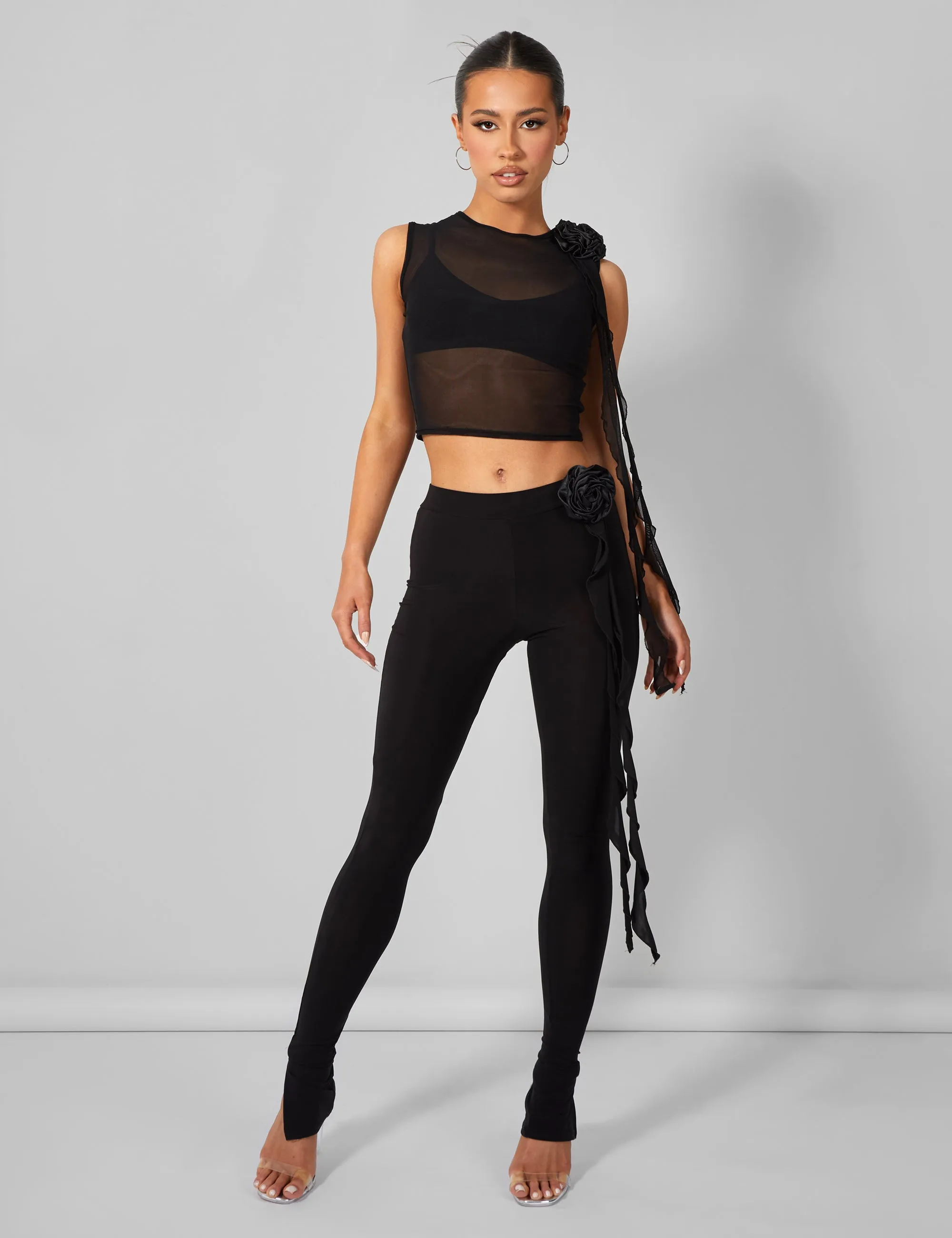 Rose Detail Sleeveless Mesh Top Black