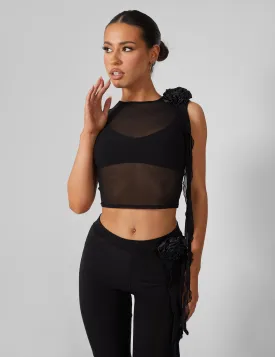 Rose Detail Sleeveless Mesh Top Black