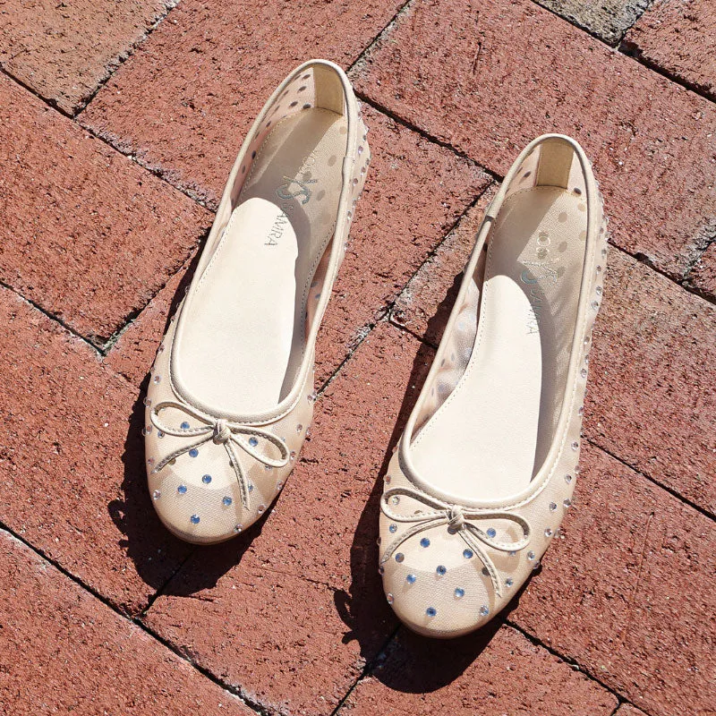 Sadie Ballet Flat in Beige Crystal Mesh