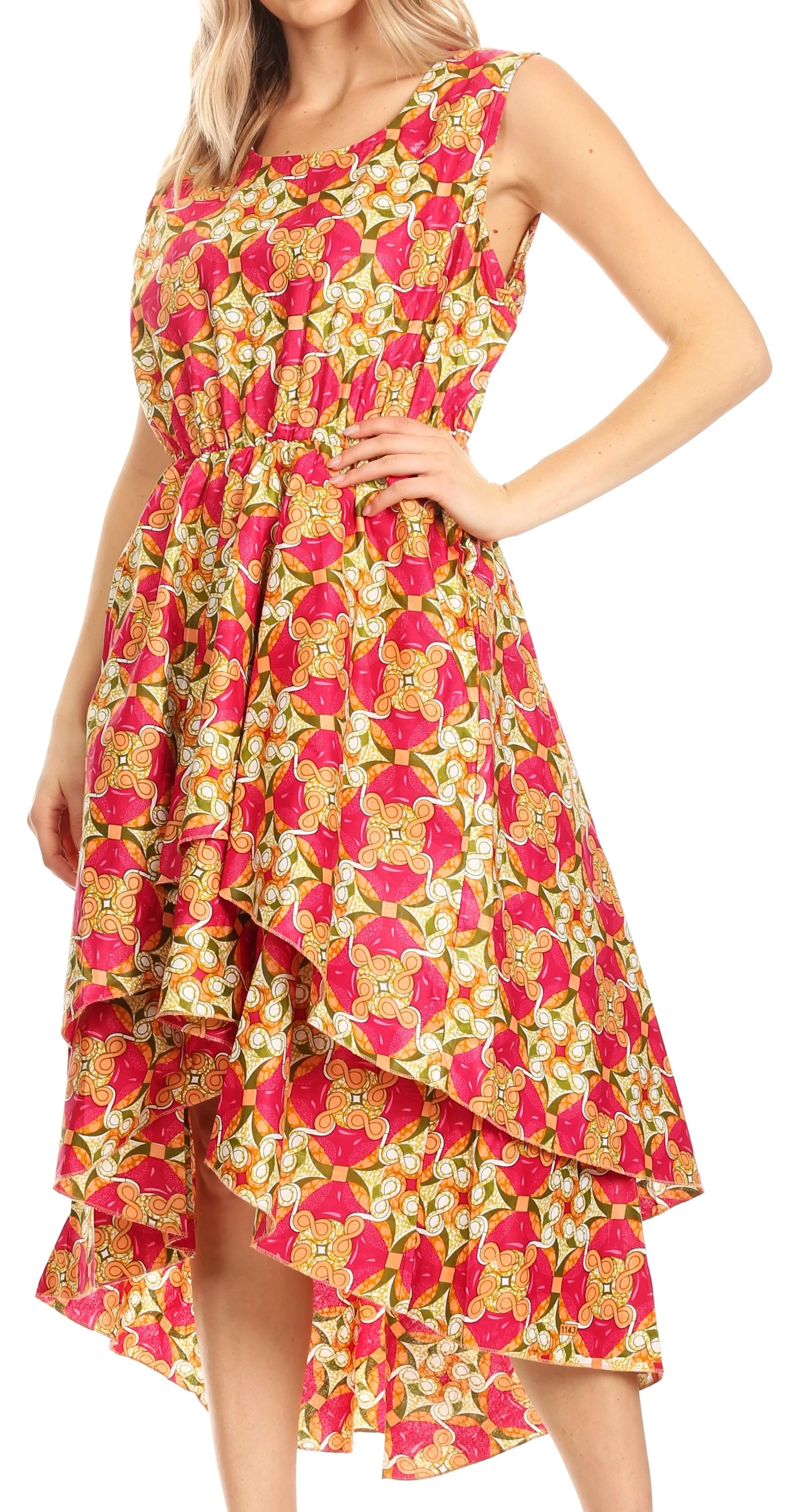 Sakkas Ada Ankara Wax Dutch African  Sleeveless Dress Cascading Hi Low Layers