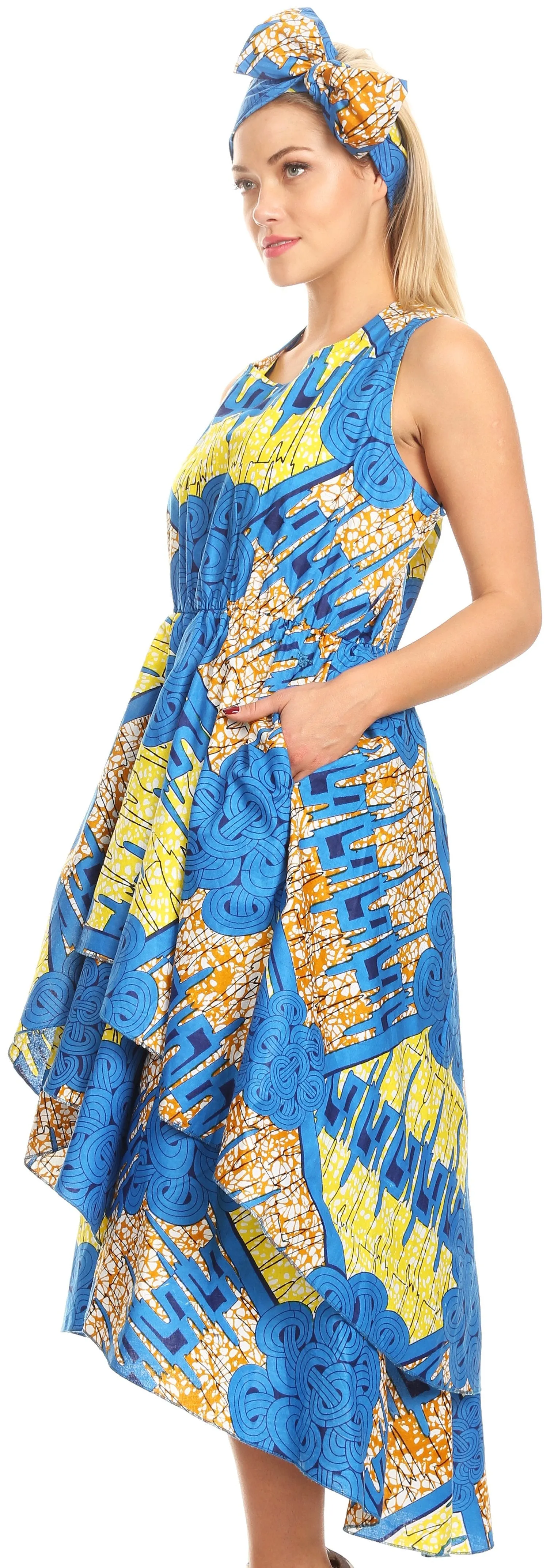 Sakkas Ada Ankara Wax Dutch African  Sleeveless Dress Cascading Hi Low Layers