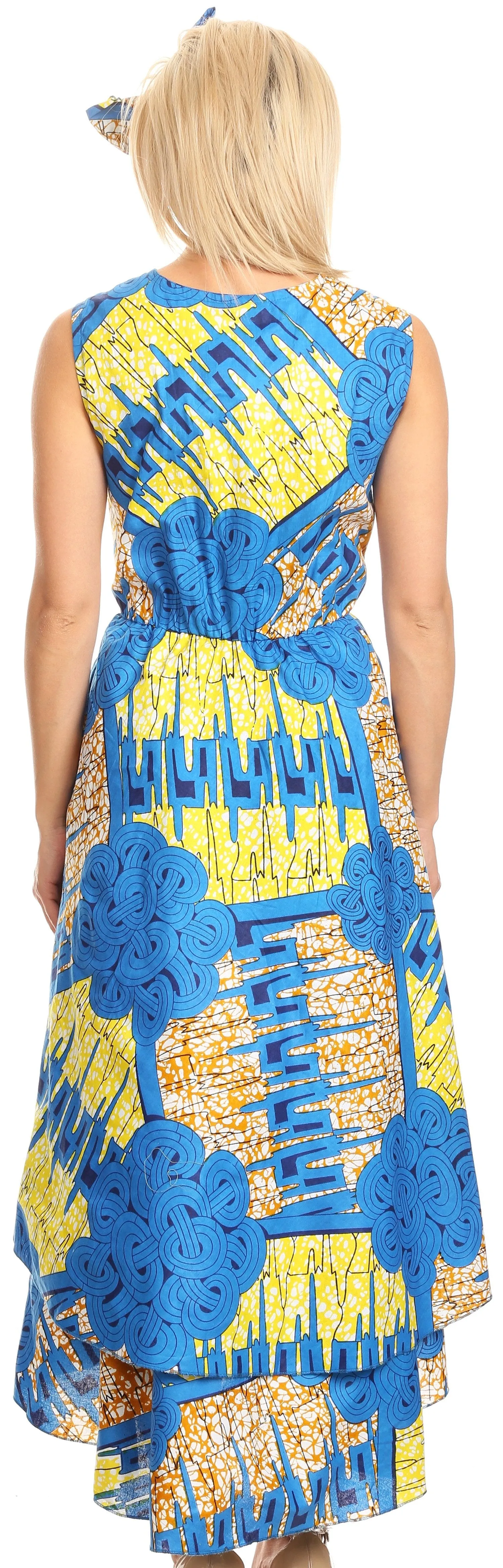 Sakkas Ada Ankara Wax Dutch African  Sleeveless Dress Cascading Hi Low Layers