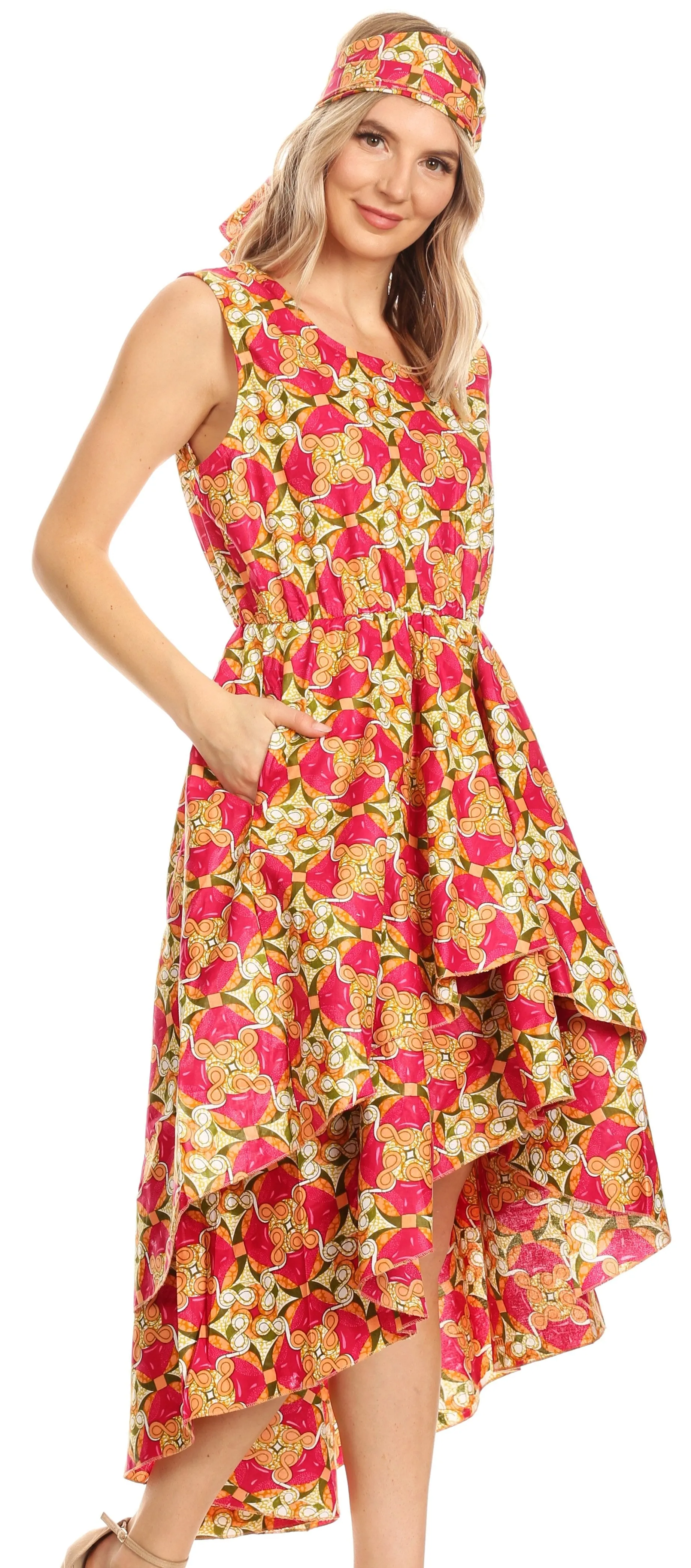 Sakkas Ada Ankara Wax Dutch African  Sleeveless Dress Cascading Hi Low Layers