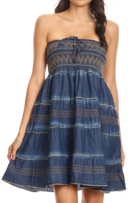 Sakkas Eva Womens Denim Strapless Tube Top Smock Short Sleeveless Dress Chambray