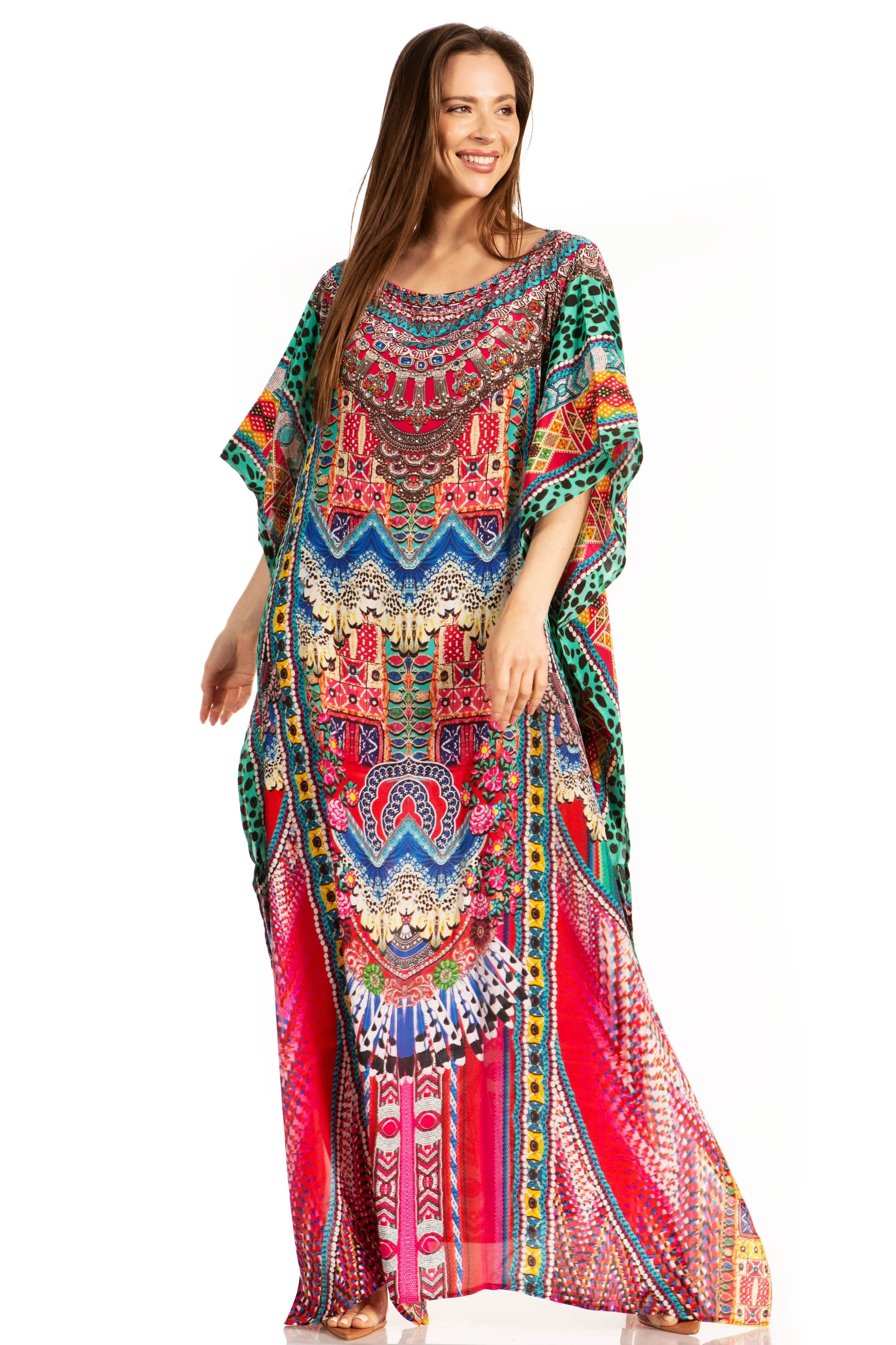 Sakkas Jabari Women's Maxi Short Sleeve Long Beach Kaftan Dress Boho Loose Gown