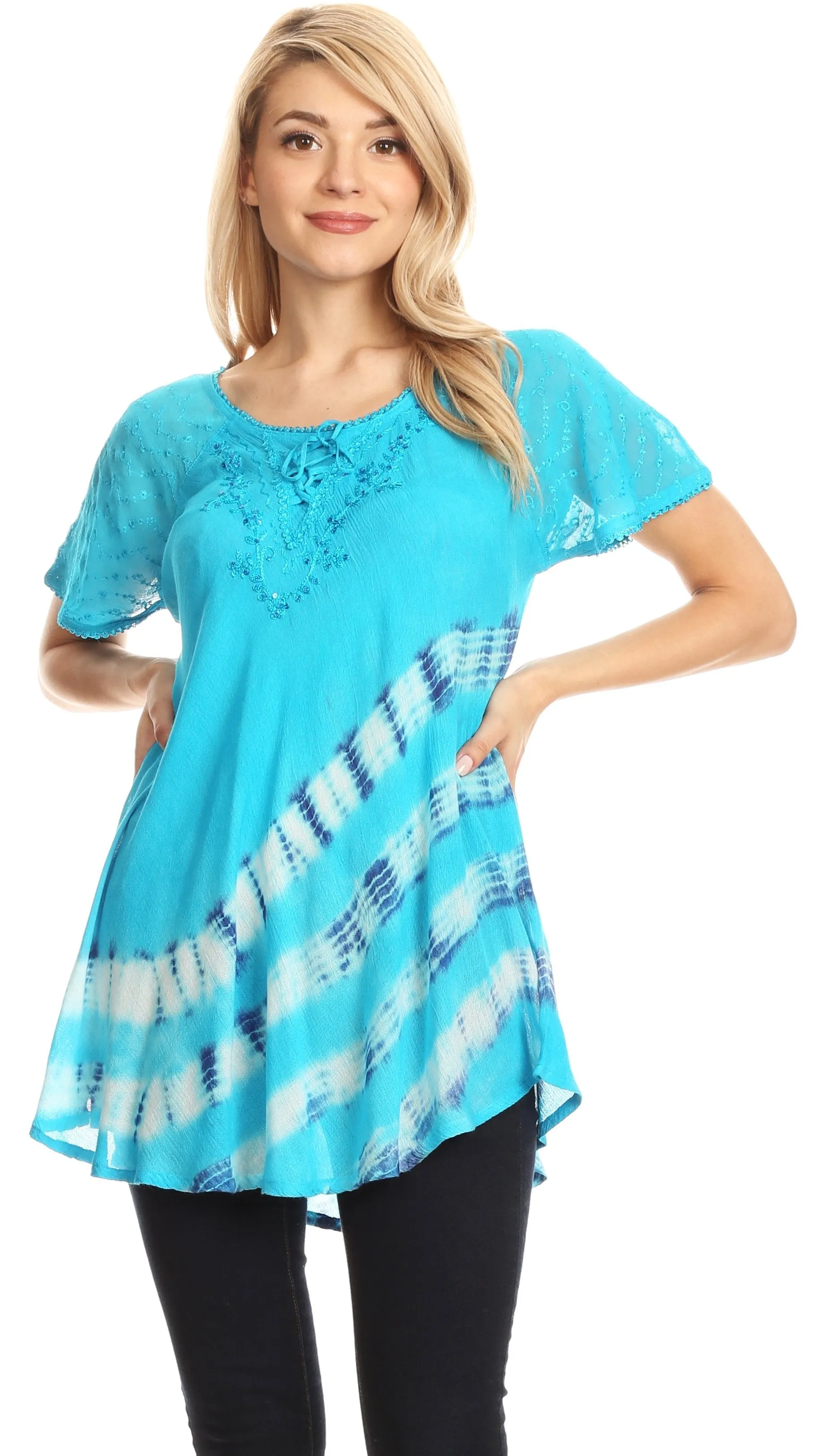 Sakkas Lulu Short Sleeve Summer Casual Fresh Blouse Top Lace Tie-dye & Corset