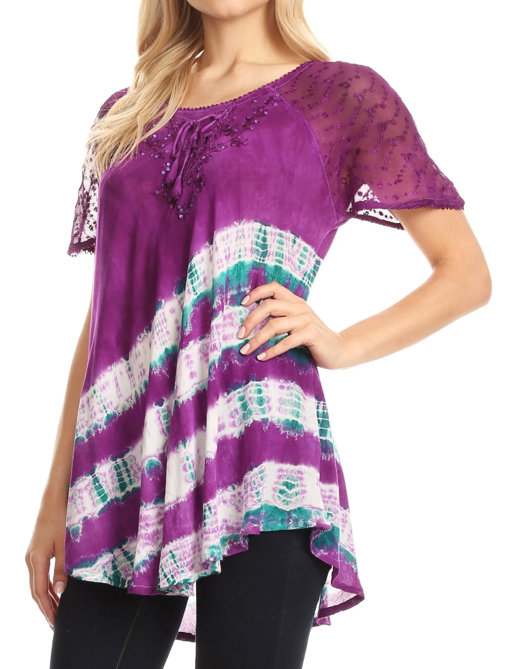 Sakkas Lulu Short Sleeve Summer Casual Fresh Blouse Top Lace Tie-dye & Corset