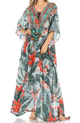 Sakkas Milanna Women's V neck Short Sleeve Vibrant Print Caftan Dress Cover-up